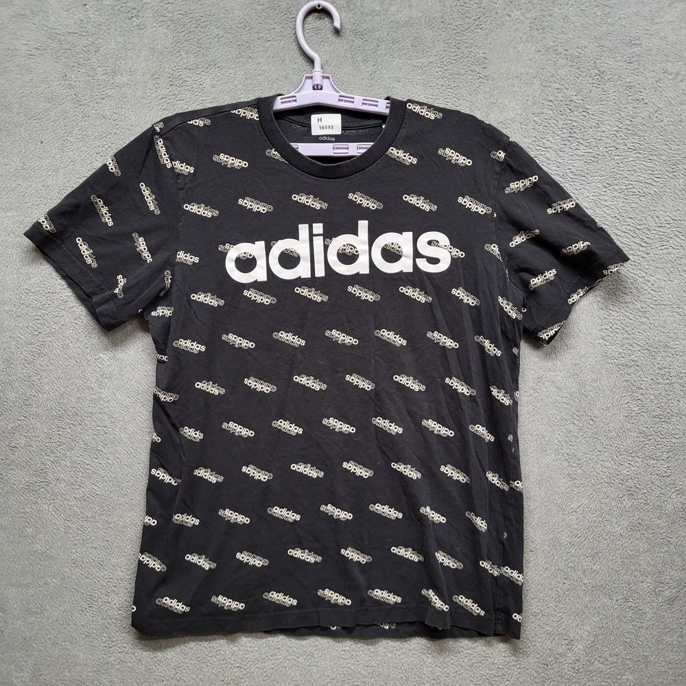 Adidas Men Shirt L Black Graphic Print Normcore Logo Short Sleeve